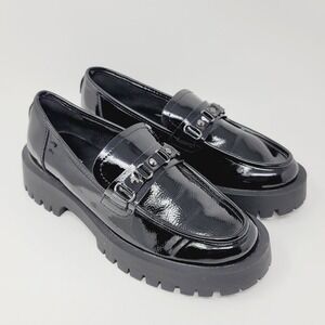 ISOMEI Womens Loafers Size 7.5  M Chunky Heel Black Patent Shoes